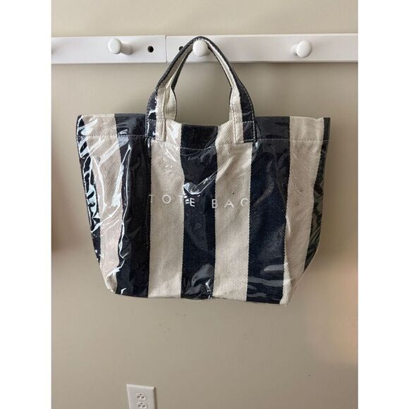 Handbags - Striped Canvas Tote Bag in Black and beige